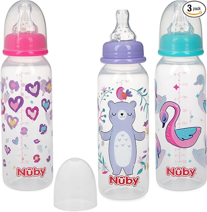 Nuby Printed Non-Drip 8oz Bottle, 3 Pack - Pink, Purple, Aqua