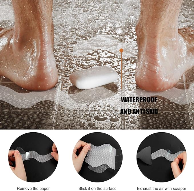 USA Patented Anti Slip Shower Stickers 24 PCS Safety Bathtub Strips Adhesive Decals with Premium Scraper for Bath Tub Shower Stairs