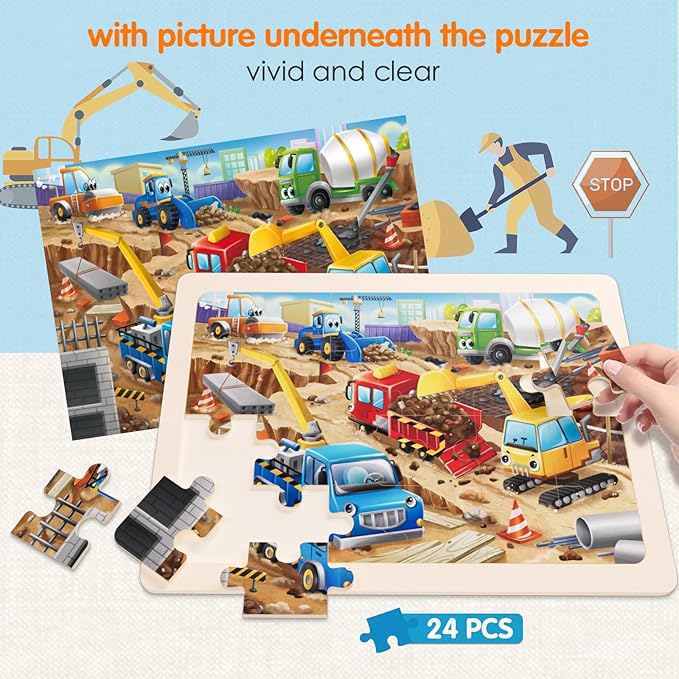 Jigsaw Puzzles Wooden Puzzles for Kids Ages 3-5 Preschool Educational Toddlers Toys Construction Vehicle Puzzle Fire Truck Urban Transportation Sanitation Truck Gifts for 3 4 5 6 Year Old Boys Girls