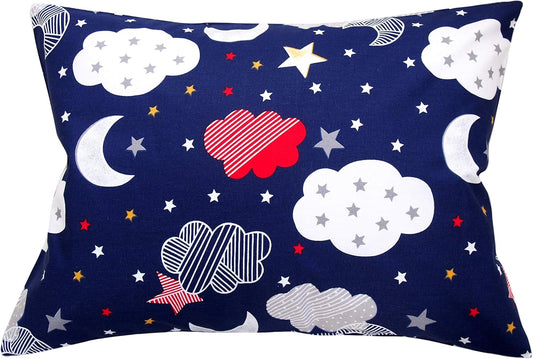 Toddler Pillowcase 13x18 - Moon Star Cloud Child Pillow Case, Cotton Toddler Pillowcase Star, Travel Pillow Case Cover - Navy Blue Moon Stars