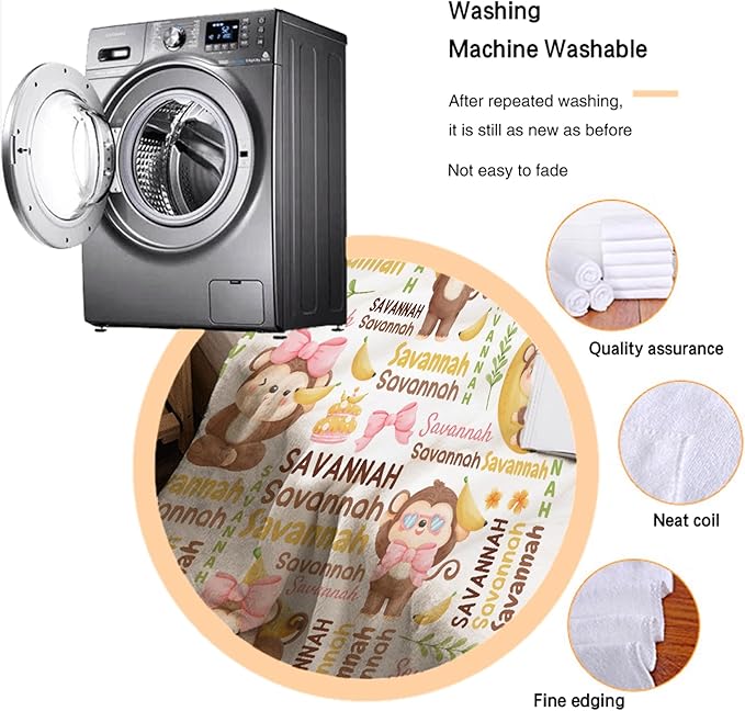 Personalized Baby Blanket for Girls Boys Kids Monkey Custom Baby Blanket with Name Throw Birthday Gift for Toddlers Infants Shower Newborns Nursery Stroller Crib Bed Decor