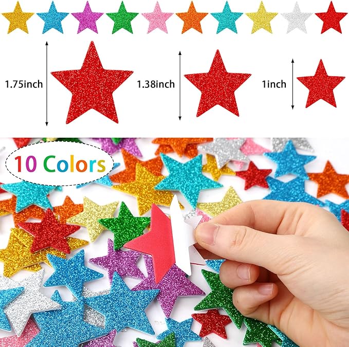JULBEAR Colorful Glitter Star Foam Sticker, 300Pcs Stars Shapes Glitter Self Adhesive Foam Stickers for Kids Party Favors Toddler DIY Crafts Supplies Home Decorations