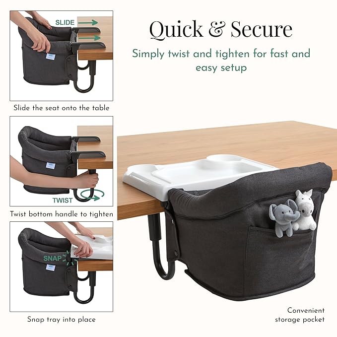 Evolur Clamp-On Comfort Table Chair | Removable & Washable Seat Cover, Dishwasher-Safe Tray, Foldable Design with Carry Bag | Portable High Chair for Babies & Toddlers (6–36 Months)