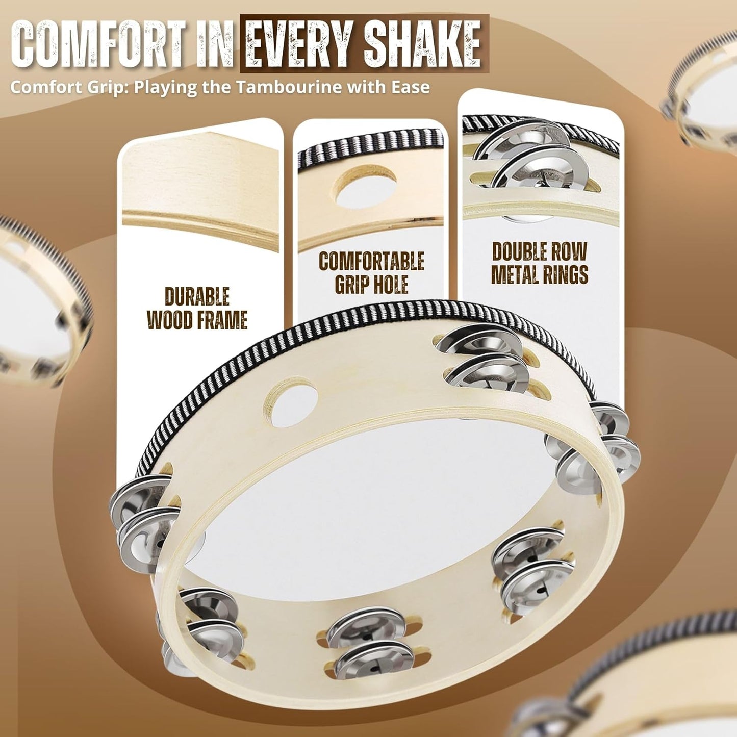 Flexzion Wooden Round Tambourine for Kids and Adults 8" Inch Single Row 8 Pair Jingles, Wood Handheld Percussion Instrument for Beginner and Professional Tambourine Player