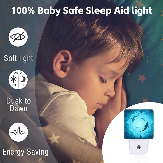 Blue Sharks and Corals Underwater World Fish Marine Lifes Dusk to Dawn Night Light Plug in, 0.5w Energy Saving Sleep Friendly NightLight for Kids Boys Girls Home Decor