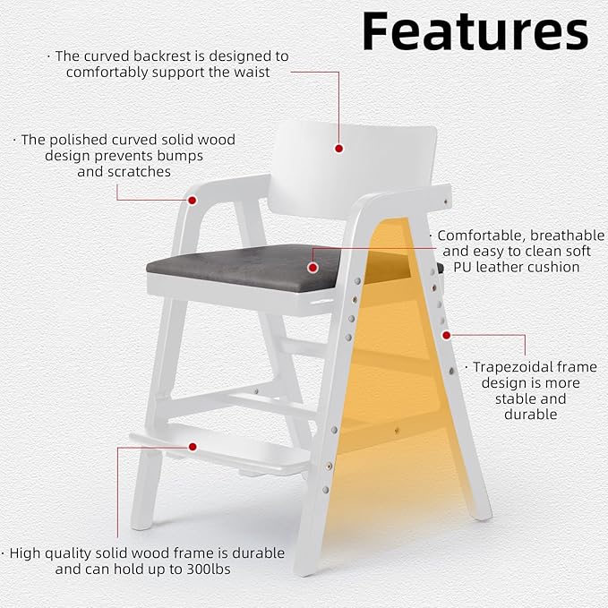 Wooden High Chair Baby Highchair, Portable HighChair for Babies & Toddlers, Adjustable and Convertible Kids Dining Chair with Removable Cushion, Easy to Clean, Water Resistant (White)