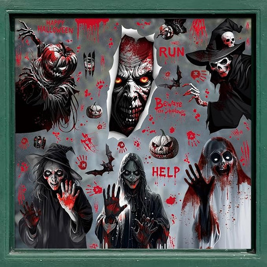 Halloween Window Clings Stickers for Glass Halloween Decals Decorations Scary Ghost Skull Pumpkin Window Sticker with Bloody Handprint Bat Designs for Spooky Party DIY Decor Supplies