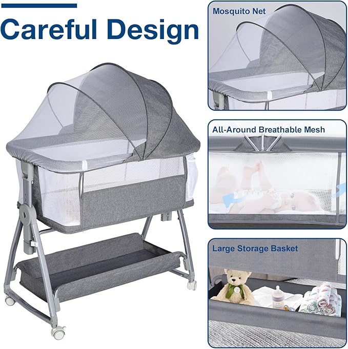 3 in 1 Baby Bassinet Bedside Sleeper, Height Adjustable Bedside Bassinet for Newborn and Infant with Mattress, Storage Basket, and Wheels (Grey)