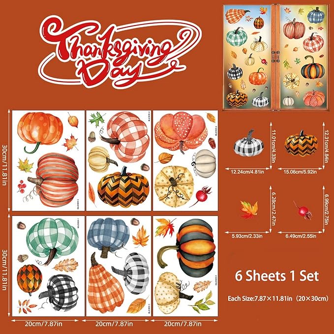 6 Sheets Pumpkin Window Stickers Thanksgiving Window Clings Double-Sided Fall Leaves Window Stickers Decor Autumn Window Clings for Glass Windows Holiday Home Kitchen Office Decorations DIY Supply