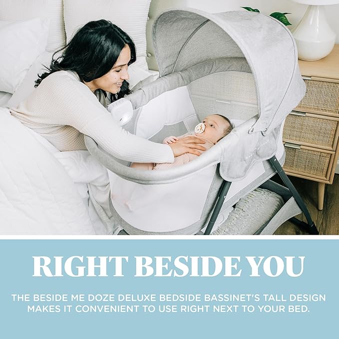 Baby Delight Beside Me Doze Deluxe Baby Bassinet, Bedside Sleeper, Foldable, Removeable Canopy, Pebble Grey
