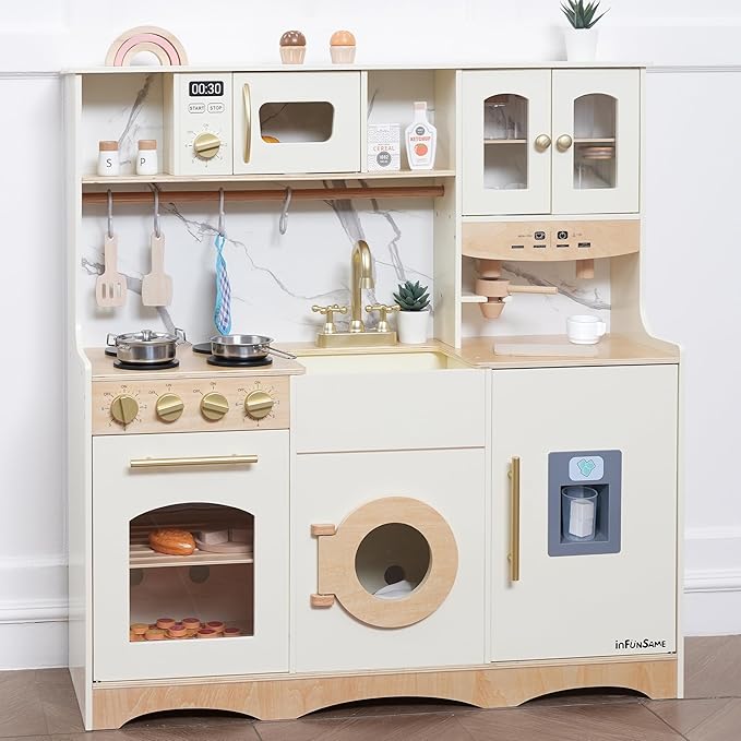 Wooden Play Kitchen for Kids with Realistic and Interactive Features, Includes 20 Toy Kitchen Accessories, Ideal Pretend Playset Gift for Kids and Toddlers Ages 3+