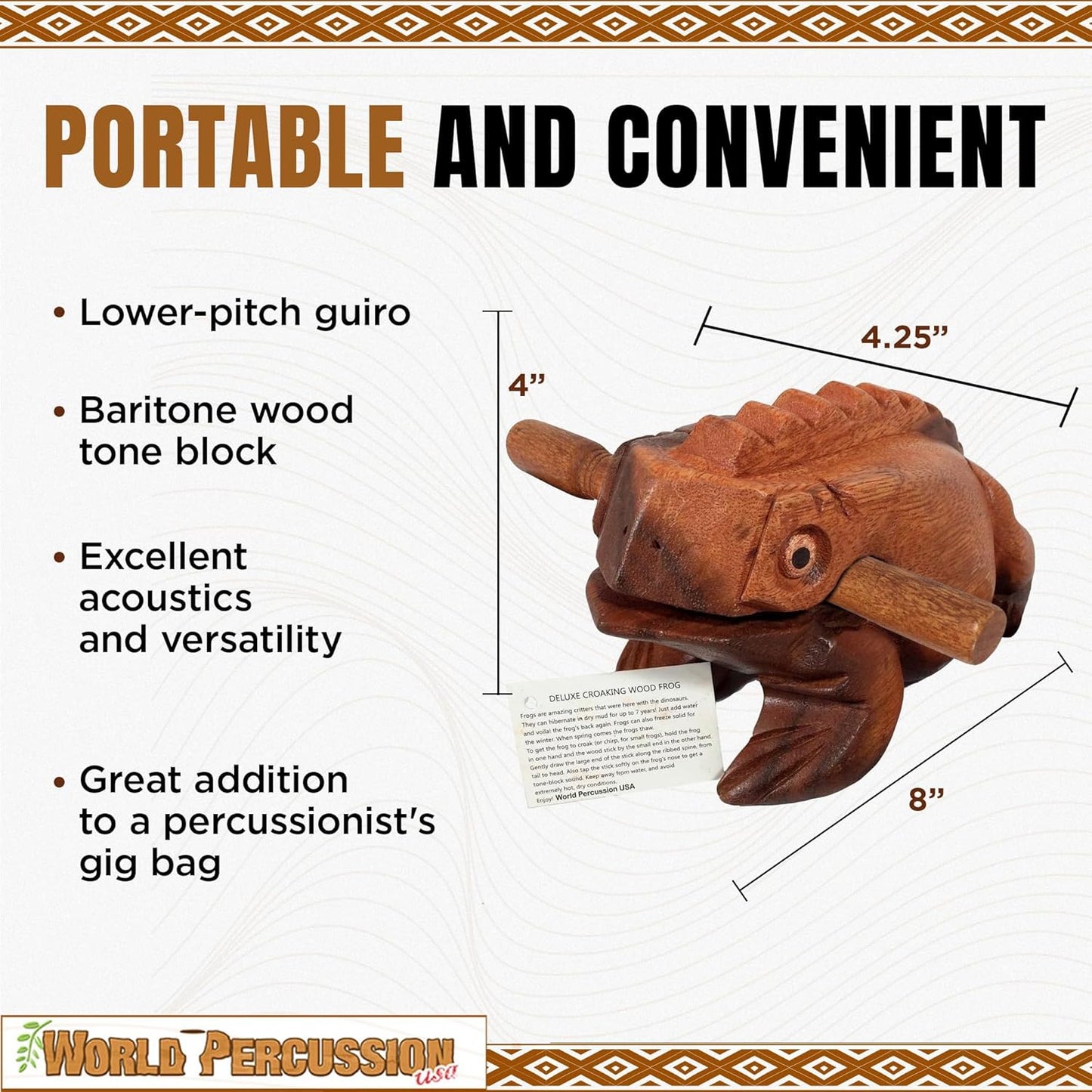 Deluxe Extra-Large 8" Wood Frog Guiro Rasp - Percussion Musical Instrument Tone Block - Wooden Instrument with Stick, Noise Maker by World Percussion USA