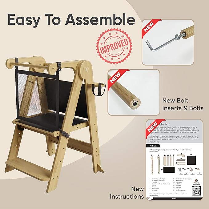 SK Designs Foldable Toddler Tower with Cup Holder - Kitchen Learning Stool Helper, Montessori Kids Standing Tower for Counter, Collapsible, Adjustable Baby Step Stool with Safety Net for Bathroom Sink