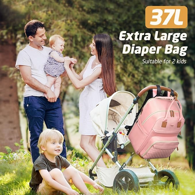 Diaper Bag Backpack - Extra Large Diaper Bag for 2 Kids Twin, Travel Baby Bags for Mom Dad 25-37L Expandable with Changing Pad Earphone Hole, Solid Pink