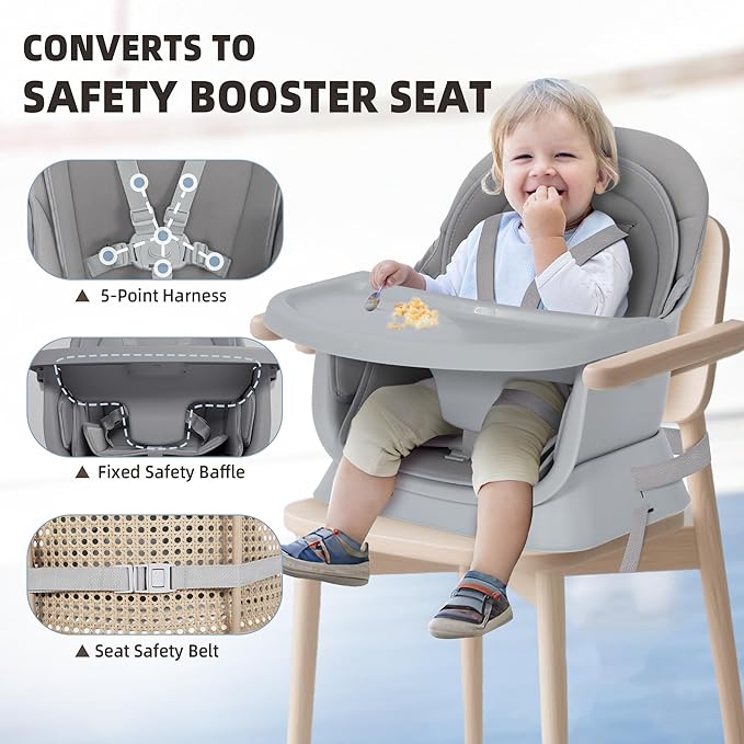 8 in 1 Baby Highchair, Convertible High Chair for Babies and Toddlers, Booster Seat w/5-Point Safety Belt, Toddler Building Block Table, Dishwasher Safe Tray, No Tool Install, Gray