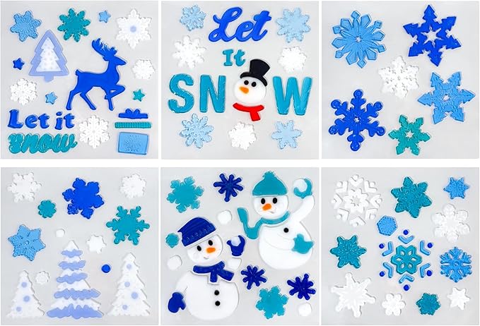 Christmas Window Clings Gel Blue and White Snowflake Snowman 6-Piece Set, Christmas Decorations for Glass Windows and Wall, Winter Glitter Snowflake Window Clings, School Home Xmas Party Decorations