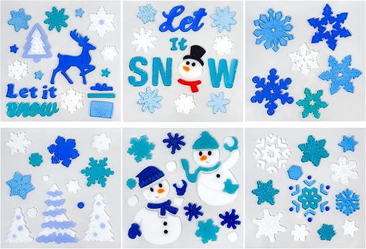 Christmas Window Clings Gel Blue and White Snowflake Snowman 6-Piece Set, Christmas Decorations for Glass Windows and Wall, Winter Glitter Snowflake Window Clings, School Home Xmas Party Decorations