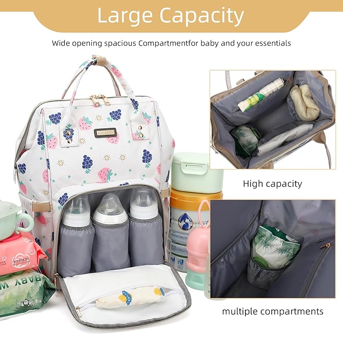 Diaper Bag Backpack, Diaper Bags for Baby Girls Boys, Baby Bags for Moms Dads, Nappy Changing Bag with Insulated Pockets,Multi-functional Waterproof Backpack with Stroller straps-Berry White