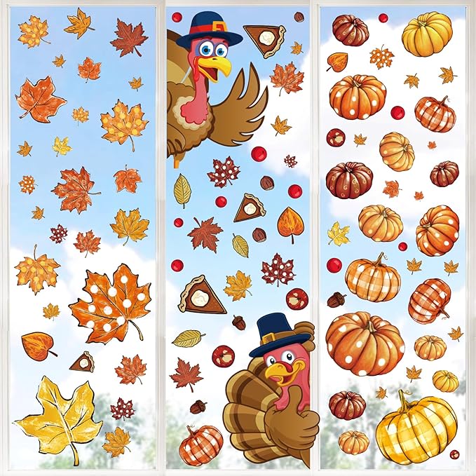 Whaline 9 Sheet Thanksgiving Fall Window Clings Turkey Pumpkin Maple Leaf Reusable Window Decals for for Autumn Harvest Seasonal Holiday School Office Supplies Glass Home Decor