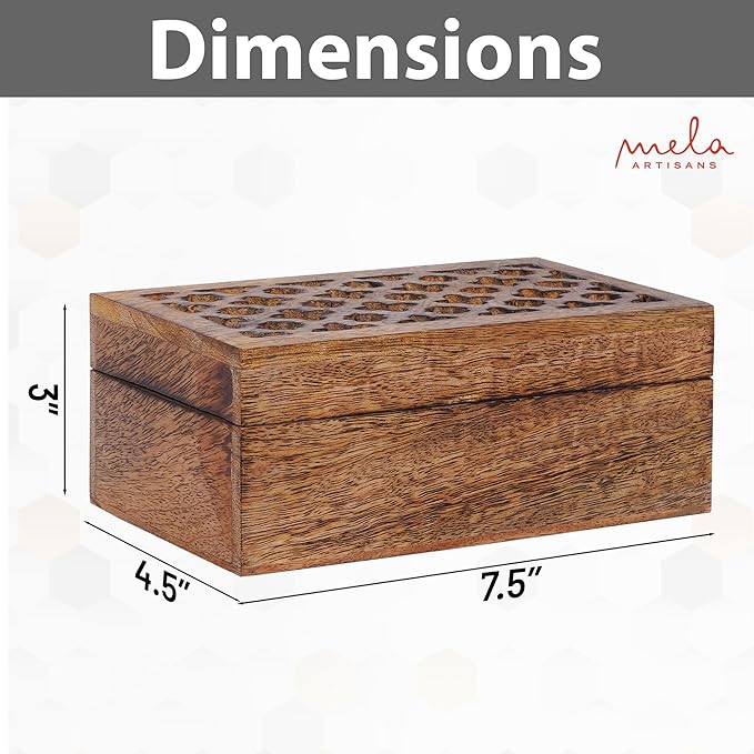 Mela Artisans Wooden Keepsake Box | Medium Burnt Mango Wood Memory & Photo Storage Box with Hinged Lid | Decorative Storage Box | Medium | 7.5x4.5x3 Inch