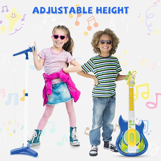 Contixo TG4 Musical Guitar and Microphone Set for Kids, Blue Electric Guitar Toys Starter Kit with Adjustable Height Microphone Stand, Karaoke Toy for Boys, Girls, Toddlers Christmas Birthday Gift