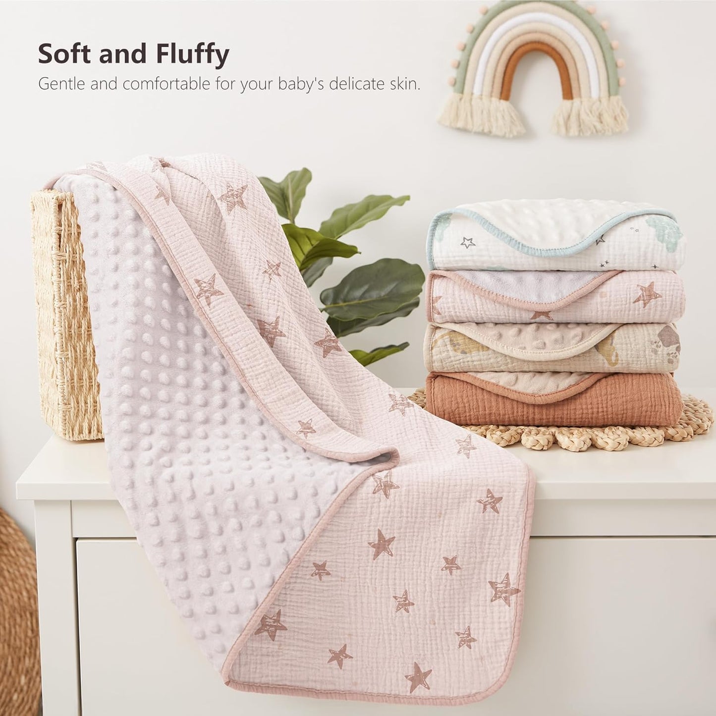 Susurration Baby Blanket for Unisex Boys Girls, Soft Nursery Minky Blanket with Muslin Cotton Front and Dotted Fleece Back, Receiving Blanket for Baby Newborn Infant, 30x40inch (Pink Star)