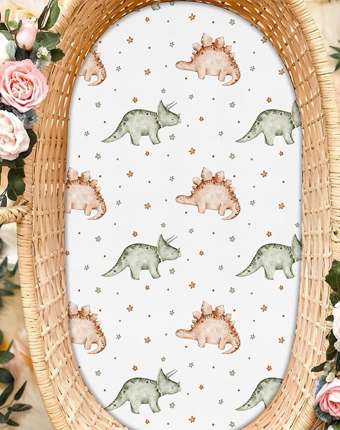 Bassinet Sheets for Baby Girls Boys 2 Pack, Fitted Baby Mattress Sheet for Rectangle, Oval, Hourglass Bassinet Mattress, Breathable Cozy & Universal Fit (Tiny Dinos)