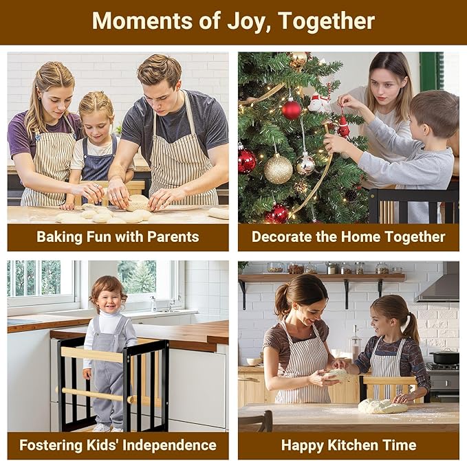 COSYLAND Toddler Kitchen Stool Helper – Stable A-Frame Design Kids Kitchen Step Stool with Protective Crossbar – Wooden Toddler Standing Tower for Learning in Bathroom (Black & Natural)