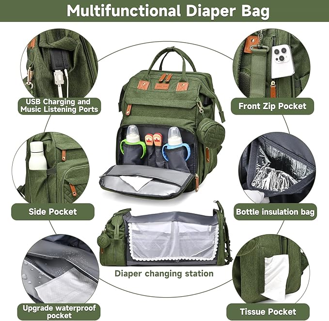 Baby Bag Diaper Bags with Changing Station, Large Capacity Diaper Bag Backpack for Moms Dads with USB Charging Port, Waterproof Diaper Backpack（Army Green）