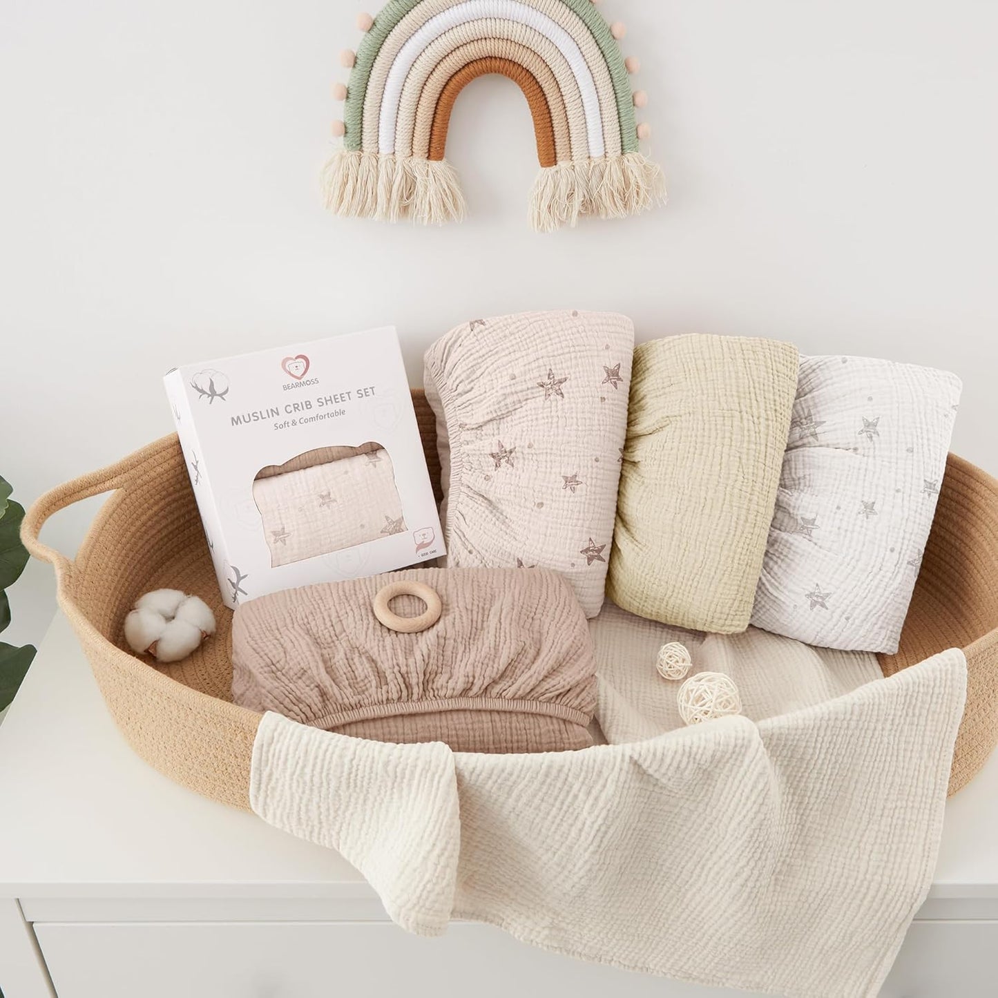 Bearmoss Muslin Mini Crib Sheets for Pack N Play Mattress - 100% Cotton - 38"x24" Soft Breathable Playard Baby Crib Sheets Neutral for Boys Girls - 2 Pack (White Star)