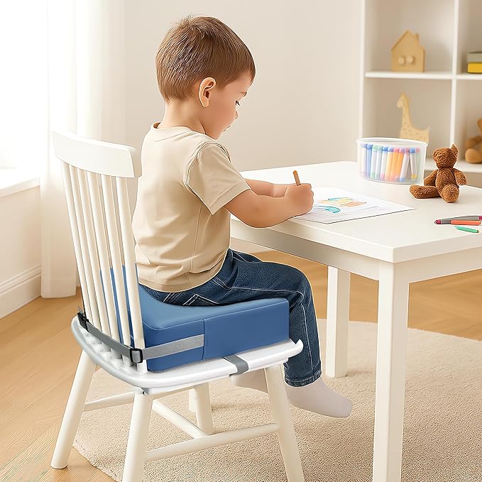Toddler Booster Seat for Dining Table, 2 Elastic Seat Belts, Anti Scratch PU Skin-Friendly, Waterproof, Anti-Wrinkle, Detachable Non-Slip Bottom - Blue