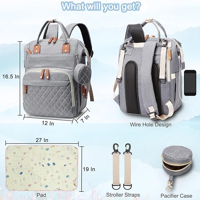 Diaper Bag Backpack Baby Bag, Baby Girl Boy Diaper Bag for Dad Mom with Pad, 16 Pockets, Pacifier Case, Large Diaper Bags Unisex for Travel (Grey)