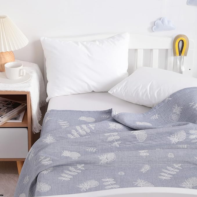 NTBAY 3 Layer Oversized Muslin Cotton Toddler Blanket, 45x60 Inches Jacquard Reversible Nursery Bed Blanket, Super Soft and Thermal Crib Blanket for All Seasons, Baby Gift, 45"x60", Blue Pineapple