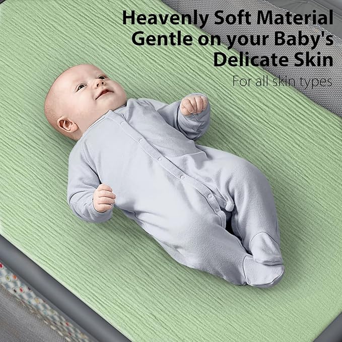 2 Pack Soft Muslin Baby Mini Crib Sheets, 100% Cotton Breathable Double Layer Fitted Sheets for Mini Crib and Pack N Play Mattresses 24x38 Inches, for Baby Girls and Boys (Sage & Fog
