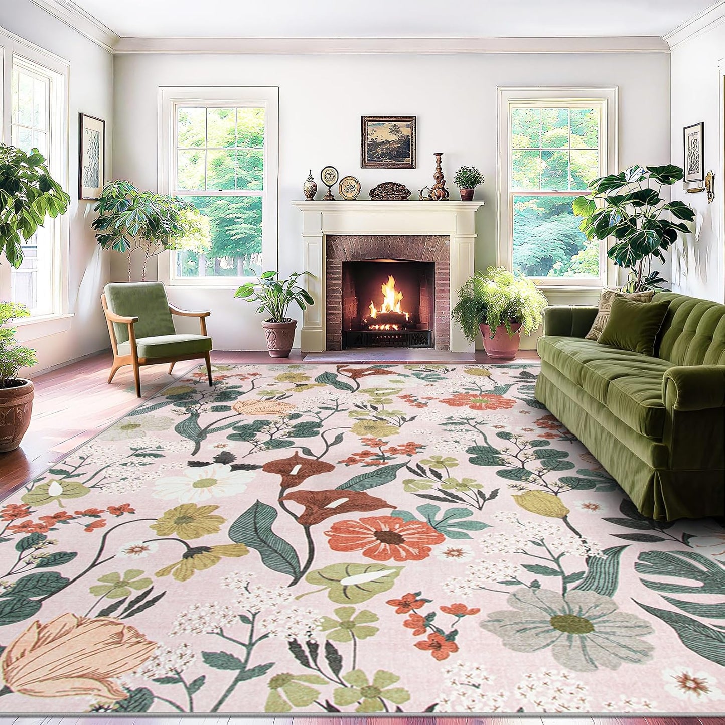 8x10 Area Rug for Living Room: Vintage Floral Washable Rug Soft Boho Non Slip Carpet Large Indoor Floor Non Shedding Low Pile Thin Carpets for Bedroom Dining Room Farmhouse Nursery Home Light Pink