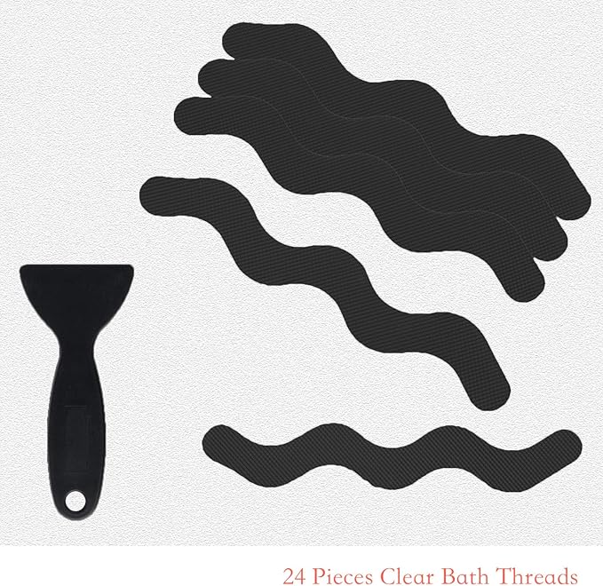 Patented Anti Slip Shower Stickers 24 PCS Safety Bathtub Strips Adhesive Decals with Premium Scraper for Bath Tub Shower Stairs Ladders Boats (Black)