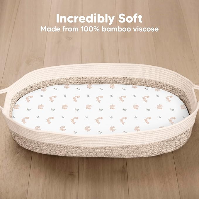 2-Pack Baby Bassinet Sheets Girl, Boy - 33x17 Viscose Derived from Bamboo Bedside Mattress Fitted Bassinet Sheets, Compatible with Halo Bassinest Swivel Sleeper, Baby Delight, Graco(Nibbles/Bruce)