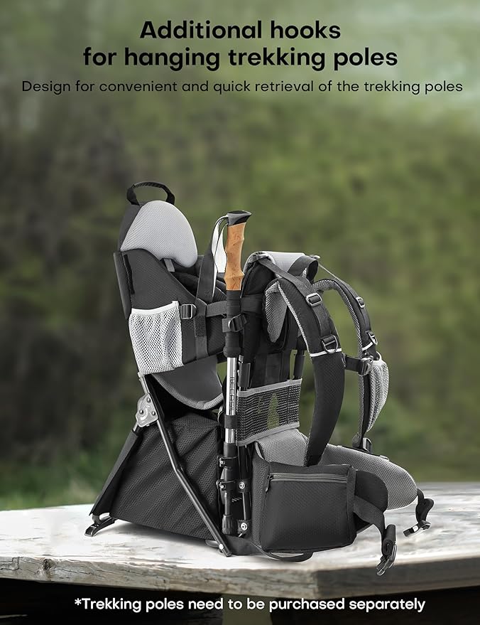 besrey Baby Backpack Carrier, Toddler Hiking Backpack with Safety 3-Height Seat, Adjustable Straps&Waist Belt, Foldable Frame Lightweight Large Capacity Child Carrier for Hiking (Black/Grey)