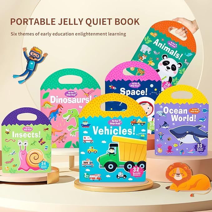 Jelly Reusable Sticker Books for Toddlers 1-3 2-4 Years, Portable Travel Toys Sticker Activity Book for Kids 2 3 4 Year Old Girls Boys (Animals)