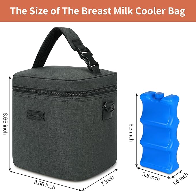 Mancro Breastmilk Cooler Bag with Ice Pack, Insulated Bottle Bag for 6 Baby Bottles (Up to 9 Ounce) with Shoulder Strap for Nursing Moms on The Go or Daycare, Dark Grey