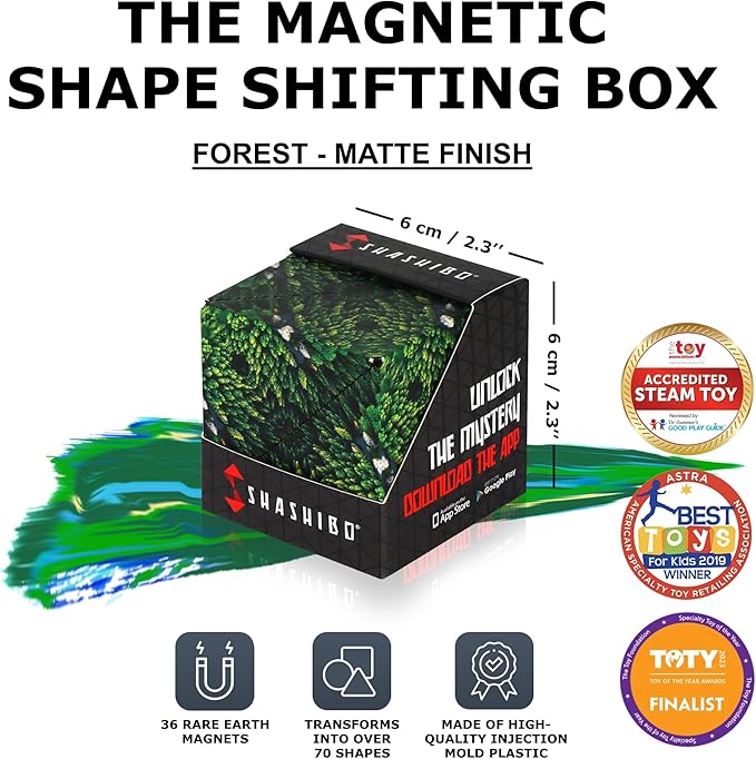 SHASHIBO Shape Shifting Box - Award-Winning Fidget Toy w/ 36 Rare Earth Magnets - Fidget Cube Transforms Into Over 70 Shapes, Sensory Toy Gift for Kids, Teens, and Adults (Wild Series - Forest)