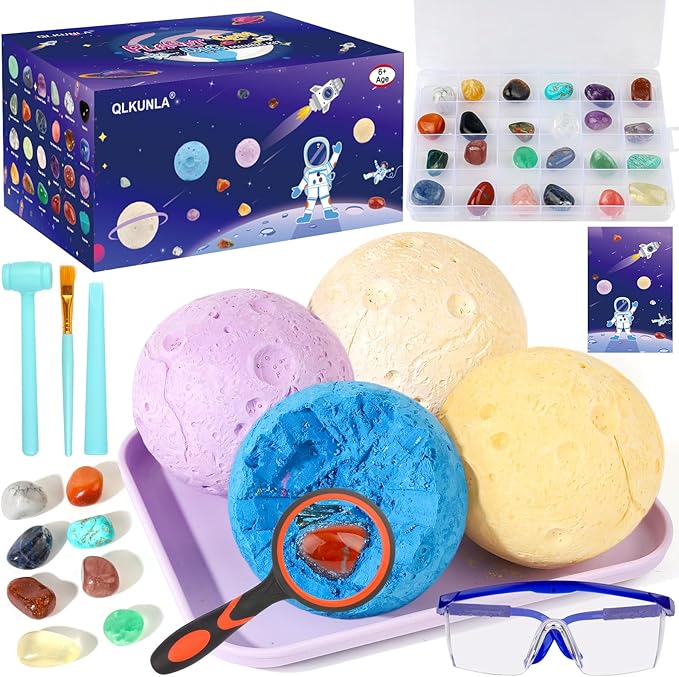 QLKUNLA Gemstones Dig Kit, Excavate 24 Real Gems in Solar System STEM Educational Space Toys for Boys & Girls Archaeology Geology Science Project Gift
