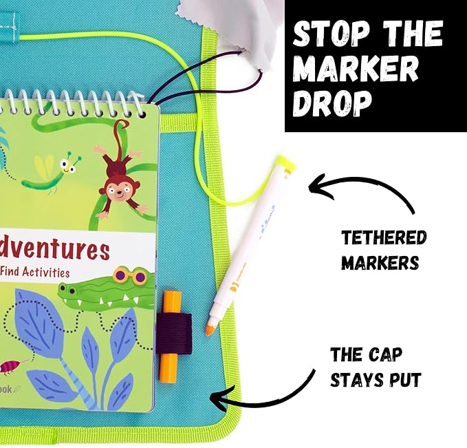 Totebook Kids Travel Educational Activity Book with Washable Markers - Car and Airplane Activities, Learning Toys for Toddlers- Reusable Stickers for Ages 4, 5, 6 (Jungle & Extra Ocean Book)