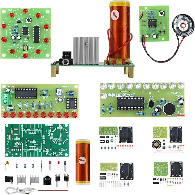 5in1 Soldering Practice Kit Mini Musical Tesla Coil, Plug-in Flowing Light,Doorbell, Sound-Activated Flowing Light, and Lucky Roulette Wheel Soldering Projects Soldering Practice for Teens