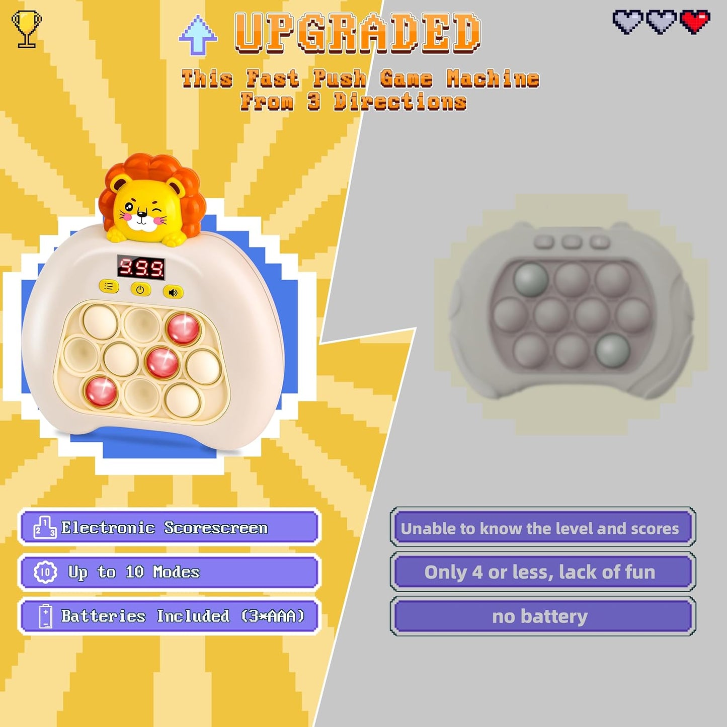 Upgraded Quick Push Game Pop Bubble Up Toys for Kids, Funny Toys with LED Screen for Kids 3-12 for Boys and Girls Bubble Stress,Handheld Puzzle Game Sensory Toys(Batteries Included)(Lion)