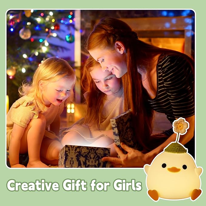 Attivolife Cute Duck Night Light, Animal Soft Silicone LED Lamp with Dimmable and Timer, Portable USB Rechargeable Bedroom Bedside Table Decor, Birthday Christmas Gifts for Girl Boy (Flower Hat)