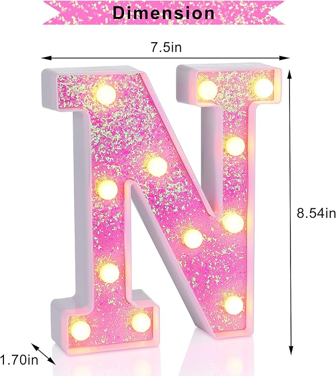 Foaky Pink Light up Letters，Pink Party Decorations,Girls Room Decor,Glitter Light Up Letters,Alphabet Letter Sign for Night Light Birthday Party Girls Gifts, Home Bar Decoration（N）