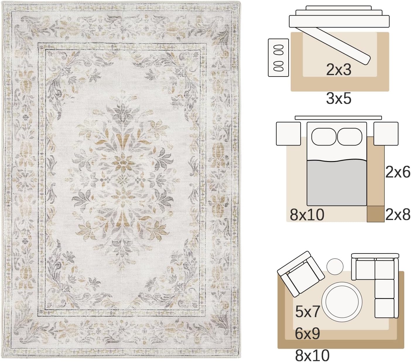 jinchan Vintage Floral 3x5 Area Rugs for Entryway - Machine Washable Distressed Design Ultra-Thin Low-Pile Soft Non-Shedding Carpet for Kitchen Bedroom Entrance Laundry Living Room (3x5ft,Light Grey)