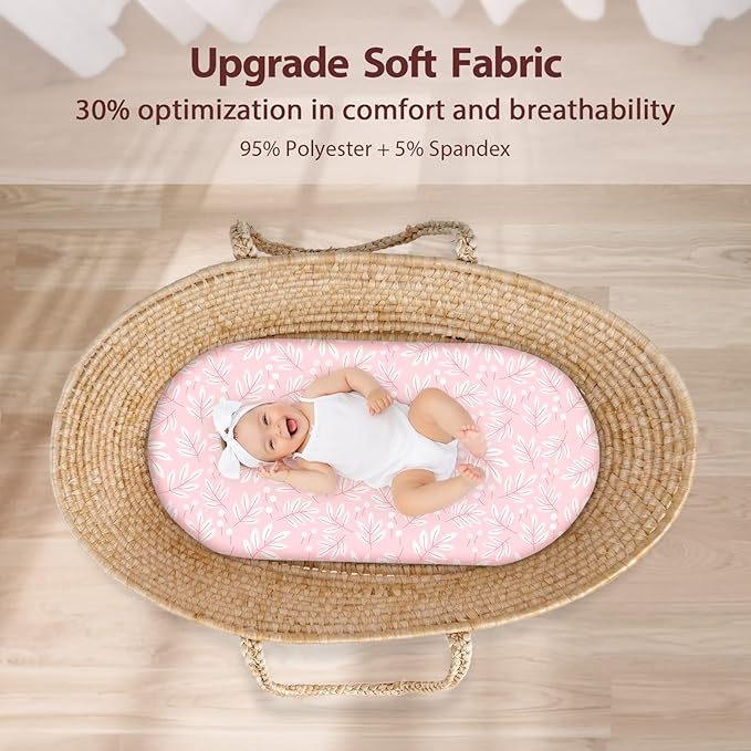 Baby Bassinet Sheets Girl Boy, Fitted Bassinet Sheet Set 3 Pack Bassinet Mattress Sheets Universal Fit for Rectangle, Round, Oval, Hourglass Mattress, Soft Breathable Pink Flowers & Leaf