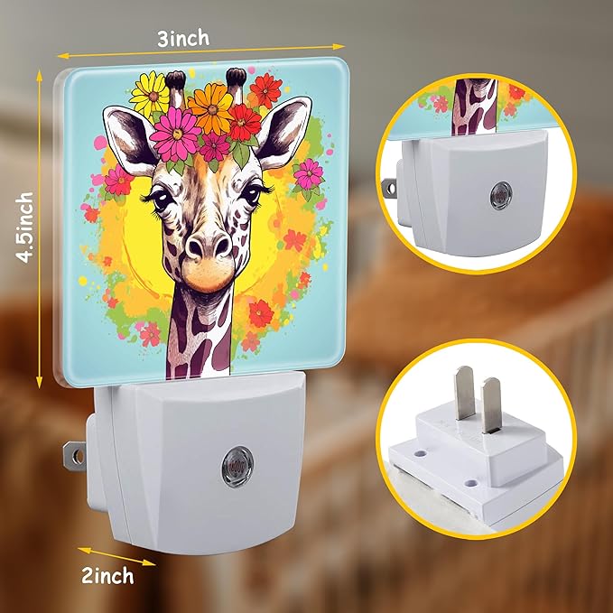 Night Light Plug Wall,Cute Giraffe with Flowers on Head LED Night Lights with Dusk to Dawn Light Sensor for Women Girls Boys Room Decor,Hallway,Kitchen,Bathroom,Nursery,Stairs